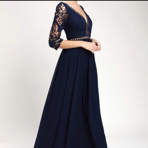 Lulu's Navy Crochet Sleeve Maxi Dress - Picture 3 of 9